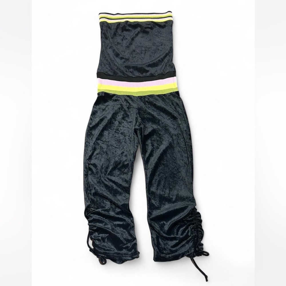 Lucca Couture Strapless Velvet Jumpsuit with Striped Detail